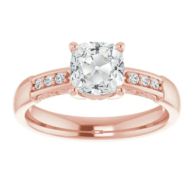 New White Rosy Round & Cushion Old Miner Diamond Ring
