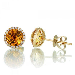 Round Cut Madeira Citrine & Natural Earth Mined Diamonds Lady Studs Earrings Gold 30.80 Ct