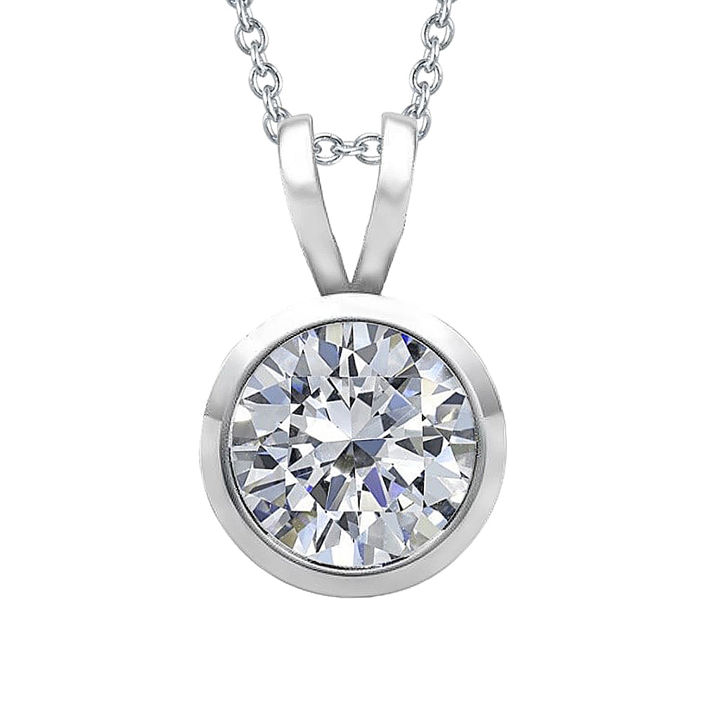 Round GIA Certified Lab Grown Diamond Necklace Pendant With Chain Bezel Set 1.50 Carat WG 14K