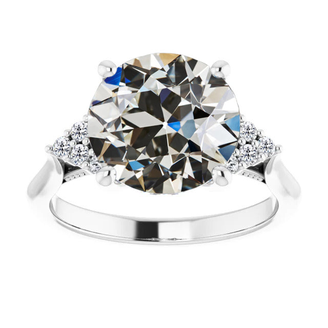 Round Huge Lab Grown Diamond Old Mine Cut Prong Set Ring 8 Carats