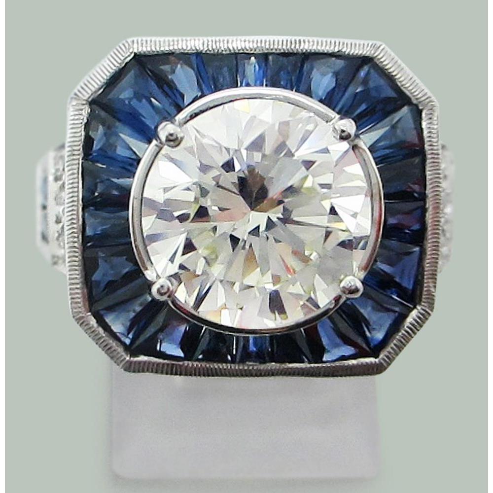 Round Lab Grown Diamonds & Sri Lanka Sapphire Ring 6.50 Carats White Gold 14K