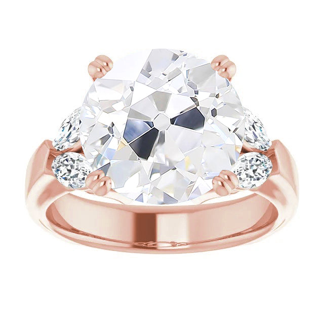 Round Old Cut Large Lab Grown Diamond Ring 5 Stone Double Prong Set 11.50 Carats Rose Gold