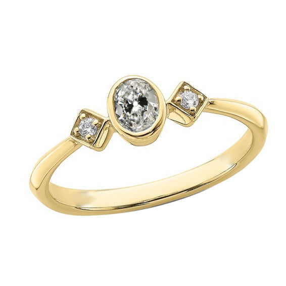Woman's Yellow White Round & Oval Old Cut Diamond 3 Stone Ring