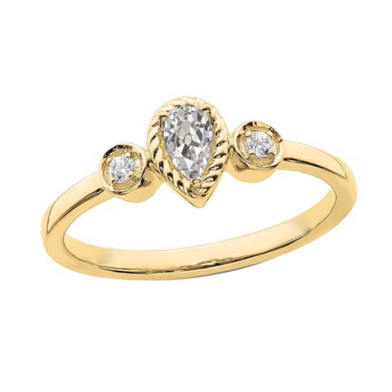 Round & Pear Old Miner Diamond 3 Stone Ring