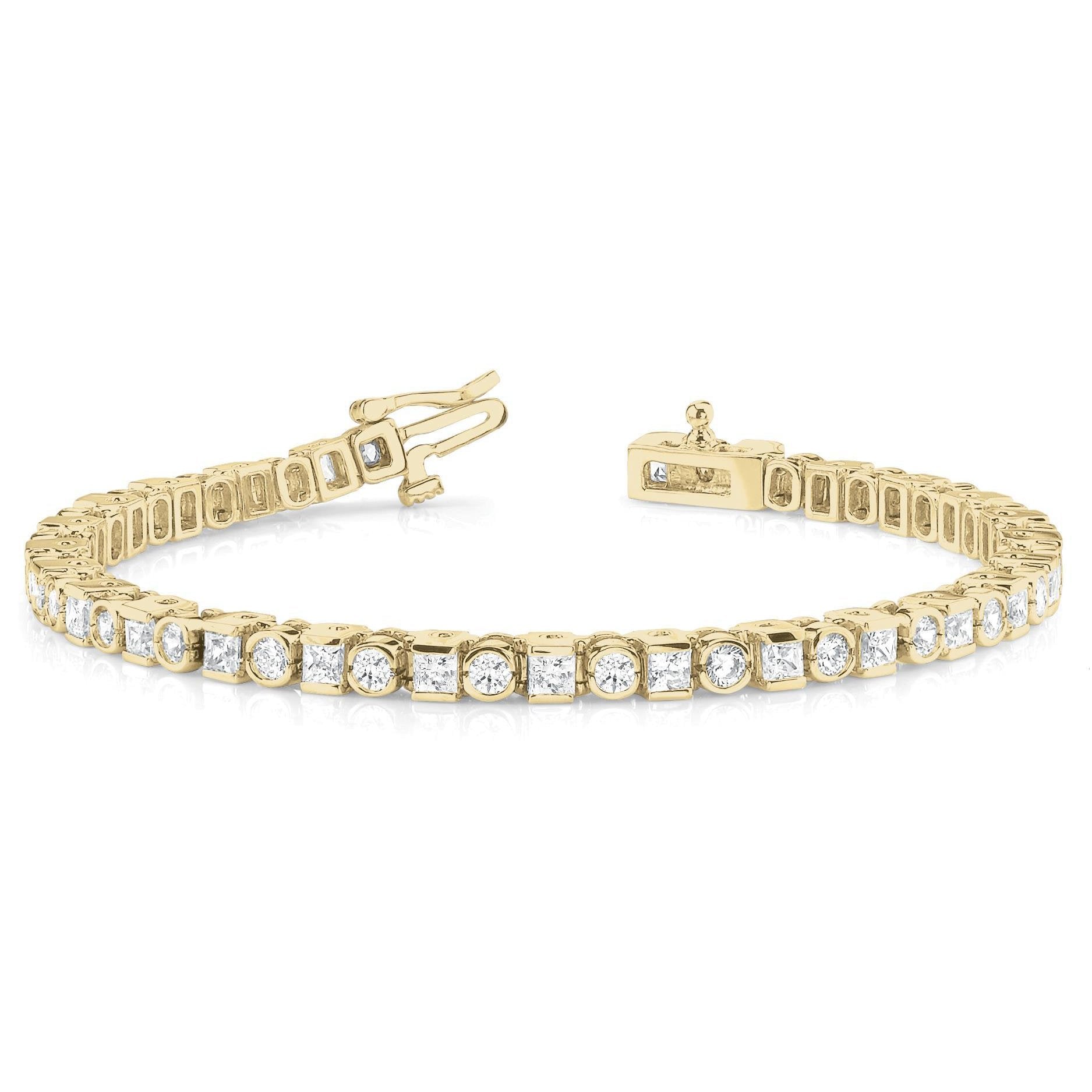 Round & Princess 7.35 Carats Lab Grown Diamond Tennis Bracelet Yellow Gold 10K