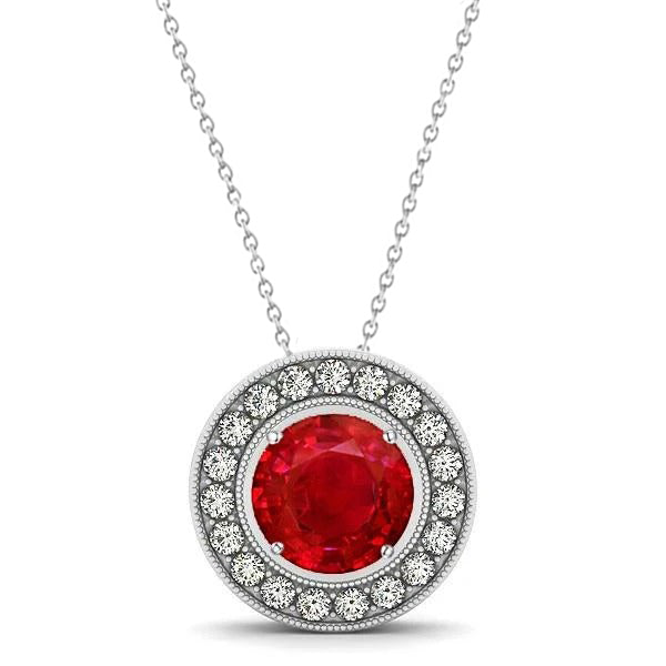 Round Ruby With Diamonds 4.50 Ct Pendant Necklace White Gold 14K