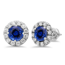 Round Sapphire & Natural Earth Mined Diamond Halo Stud Earring 3 Carat White Gold 14K