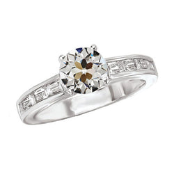 Round and Baguettes Old Mine Cut Engagement Ring 3 Carats Natural Diamond