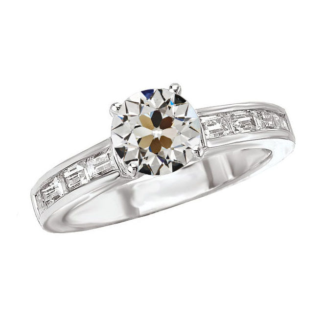Round and Baguettes Old Mine Cut Engagement Ring 3 Carats