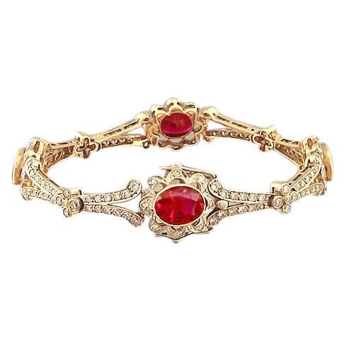 Ruby And Diamond High Quality Fancy Sparkling    Victorian Style Bracelet   Yellow Gold 