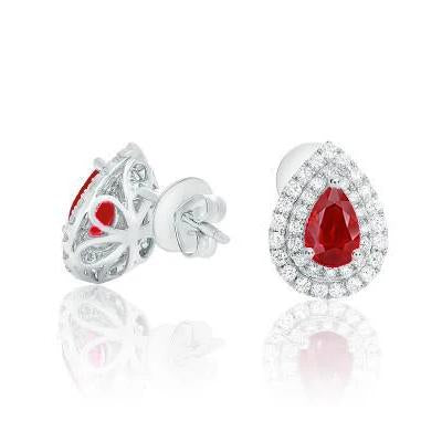 Prong Set Ladies   Ruby With Diamonds Studs Earrings White Gold   Halo Gemstone Earring