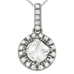 Princess Diamond Round Pendant Necklace 1.90 Carat White Gold 14K
