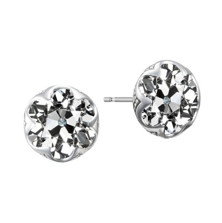 Solitaire Diamond Old Mine Cut Stud Earrings Flower Style 3 Carats
