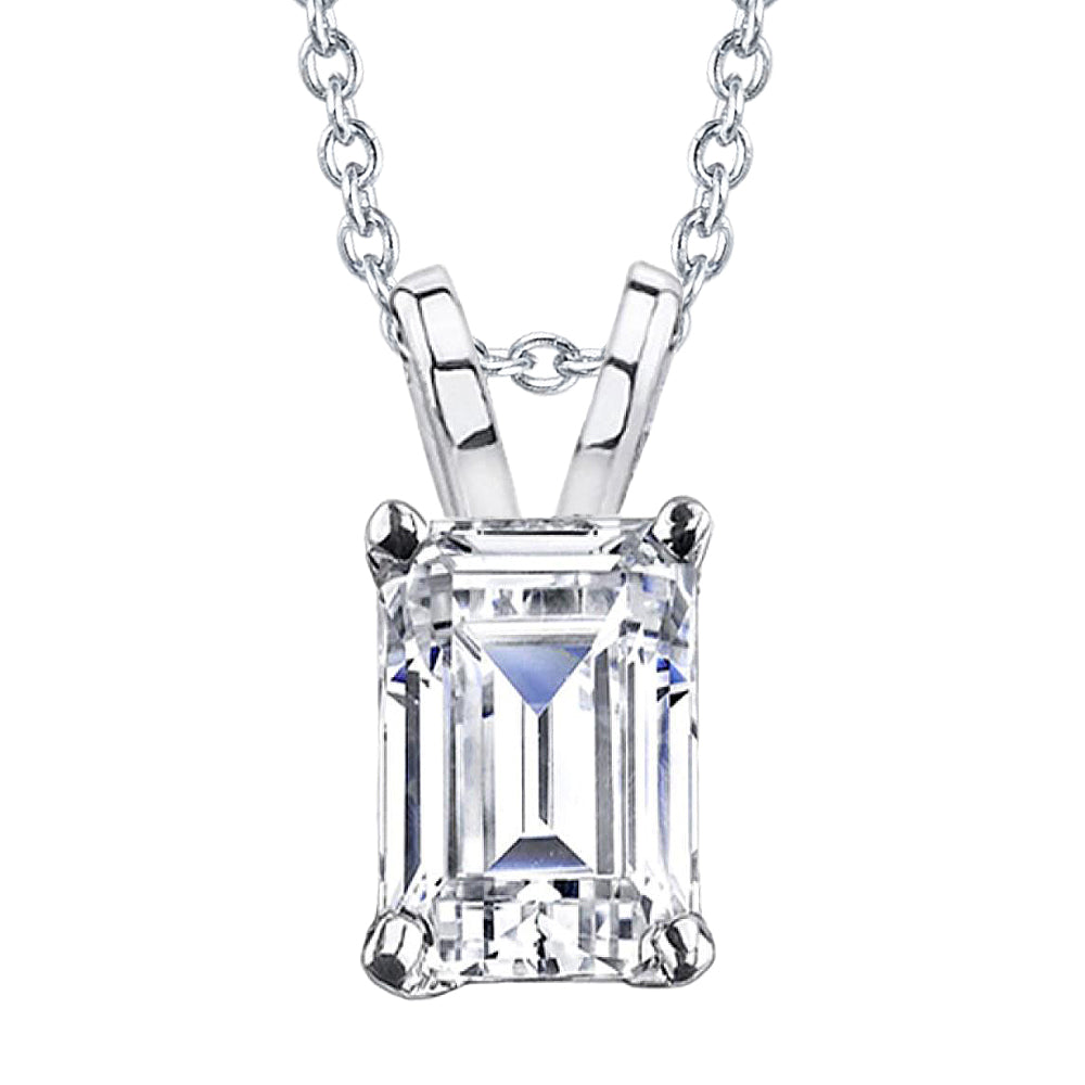 Solitaire Emerald Cut Natural Diamond Pendant Necklace 2 Ct. White Gold 14K