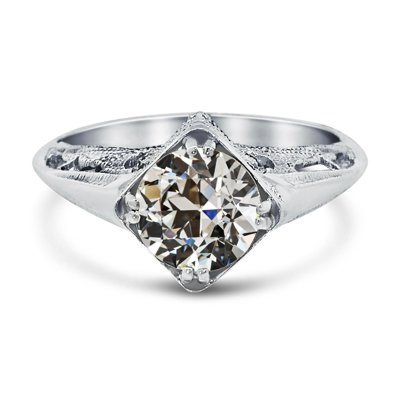 Solitaire Ring Old Miner Cut Diamond Antique Style Double Prong Set