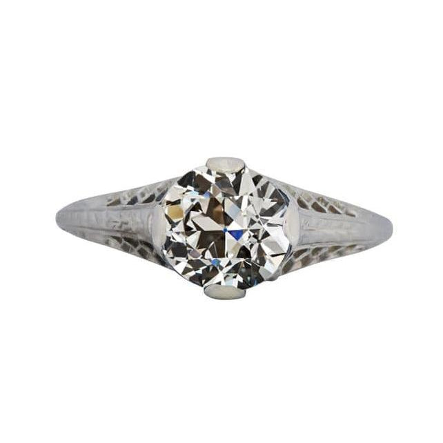 Filigree Media Solitaire Ring Round Old Mine Cut Diamond