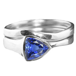 Solitaire Wedding Ring Set Trillion Sapphire 1.50 Carats Bezel Set