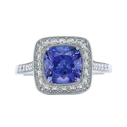 White Gold 10 Ct. Cushion Sapphire And Round Diamonds Ring Solitaire With Accent  Tanzanite With Diamonds Ring White Gold  