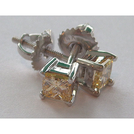 Solitaire Yellow Canary Diamond Studs Princess Cut Basket Set