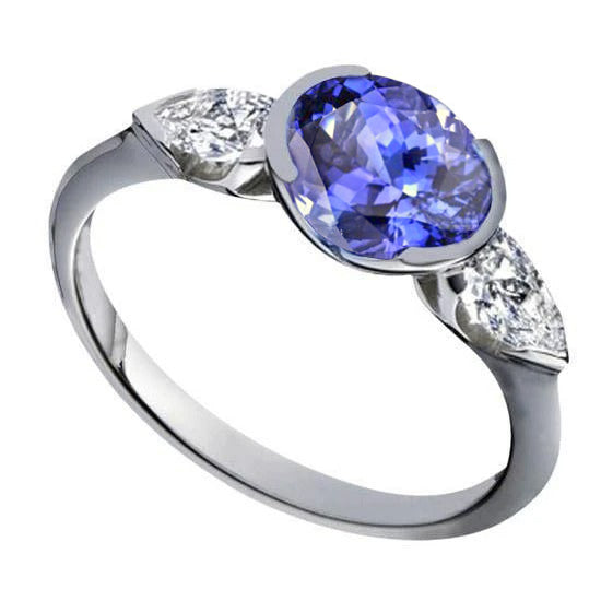  Gorgeous fancy Sparkling 3-Stone  Oval Tanzanite And Pear Diamond Ring  