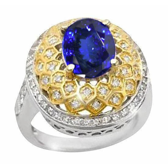 Sparkling 3.11 Ct Oval Tanzanite Natural Earth Mined Diamonds Ring Two Tone Gold
