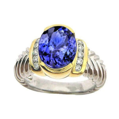 3.50 Carat Oval Tanzanite Sparkling Natural Earth Mined Diamonds Ring New Two Tone