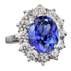 Sparkling 6 Carat Oval AAA Tanzanite And Round Diamonds Ring