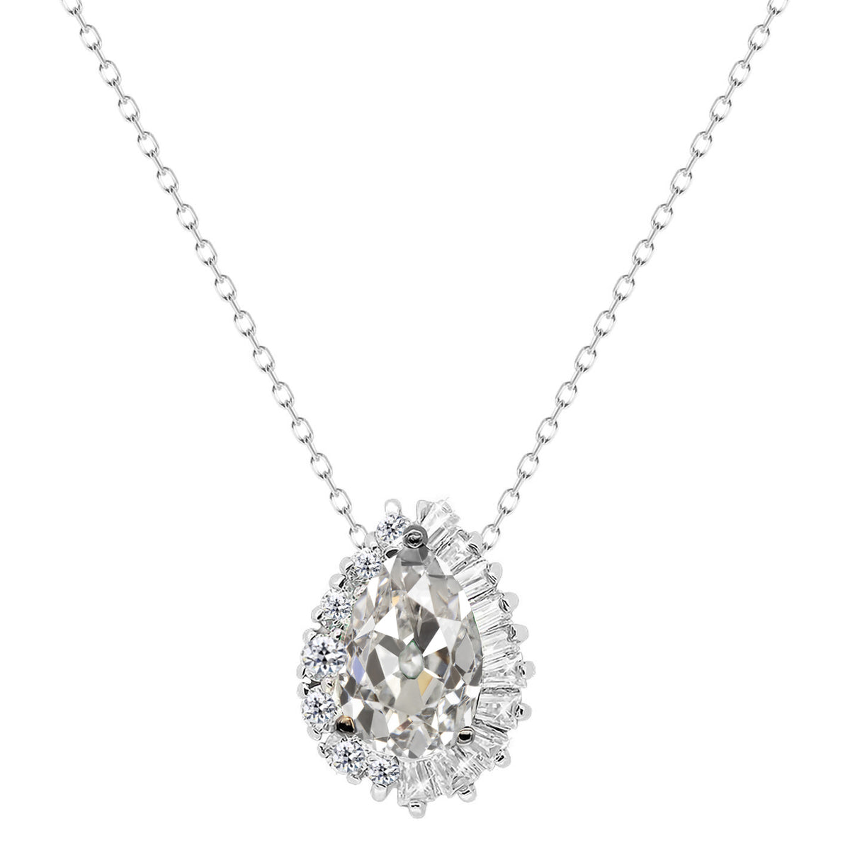 Sparkling Diamond Pendant 2.50 Ct Gold Necklace Pear Old Cut 