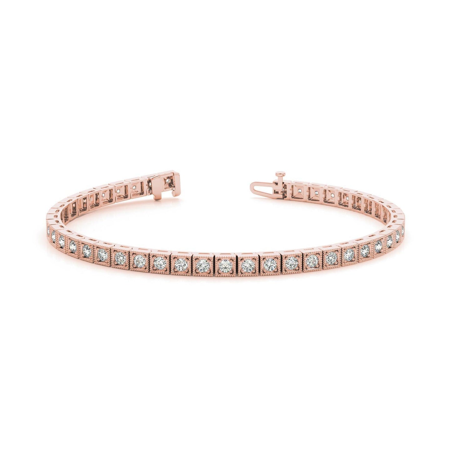Sparkling Round Cut Diamonds Rose Gold 14K Milgrain Bracelet 4.40 Ct.