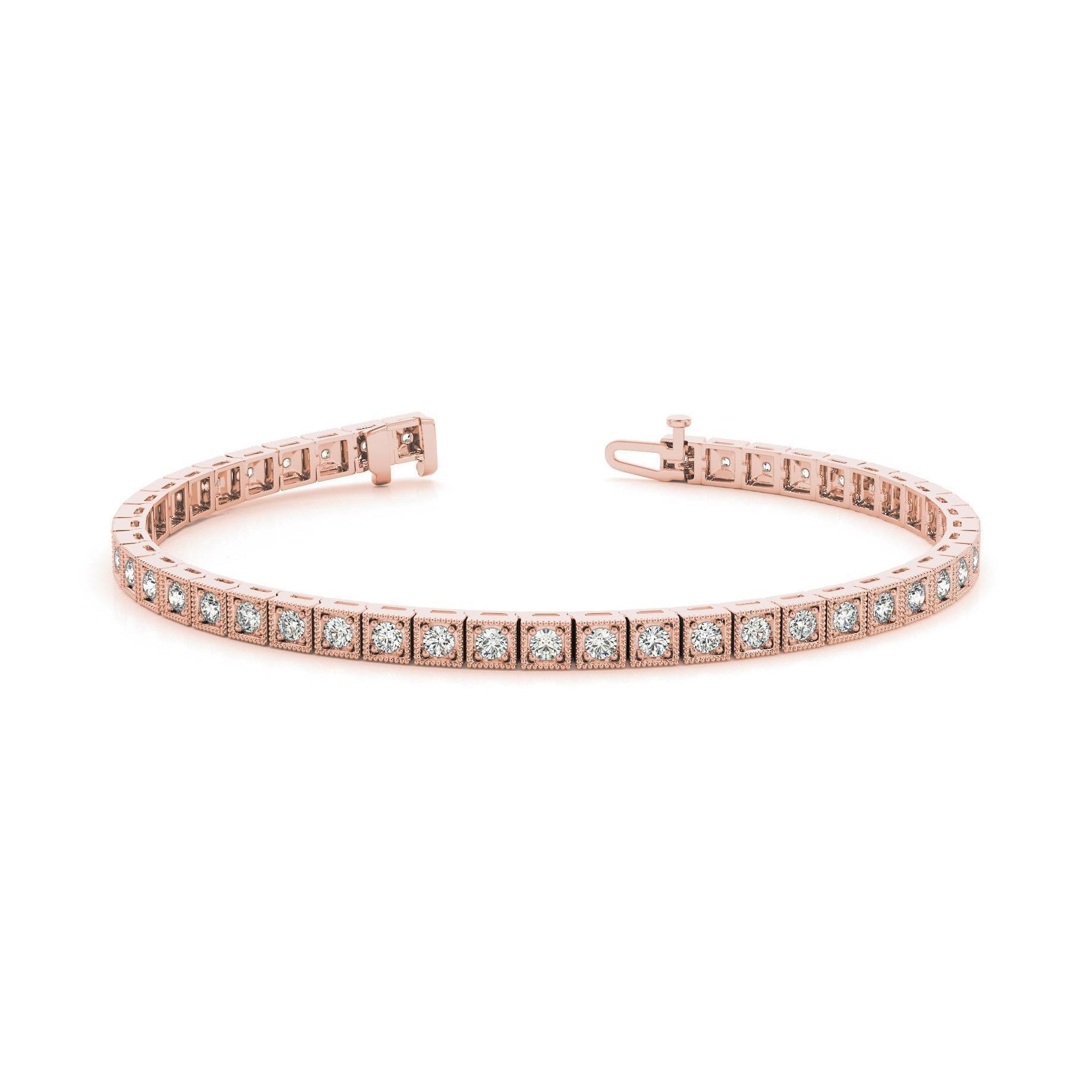 Sparkling Round Cut Diamonds Rose Gold 14K Milgrain Bracelet 4.40 Ct.