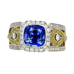 Sri Lanka Blue Sapphire Cushion Diamonds Ring 3.25 Carats Two Tone 14K