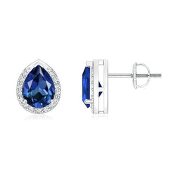 Sri Lanka Blue Pear Sapphire Round Diamond Halo Studs Earring 3 Ct