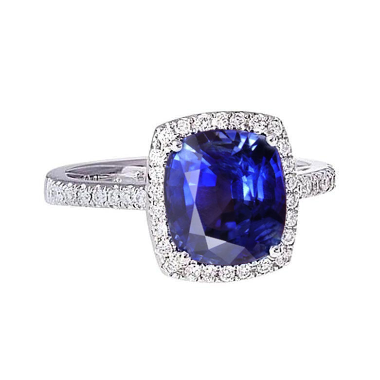Halo Sri Lankan Sapphire And Natural Earth Mined Diamond White Gold 14K Ring 7.80 Ct