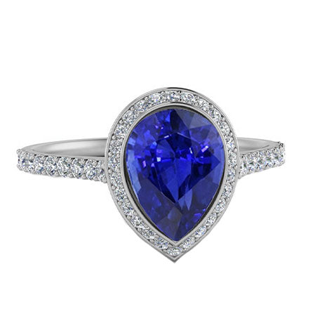 Sri Lankan Sapphire Ring 3.50 Ct Diamond Halo Pear Bezel Set