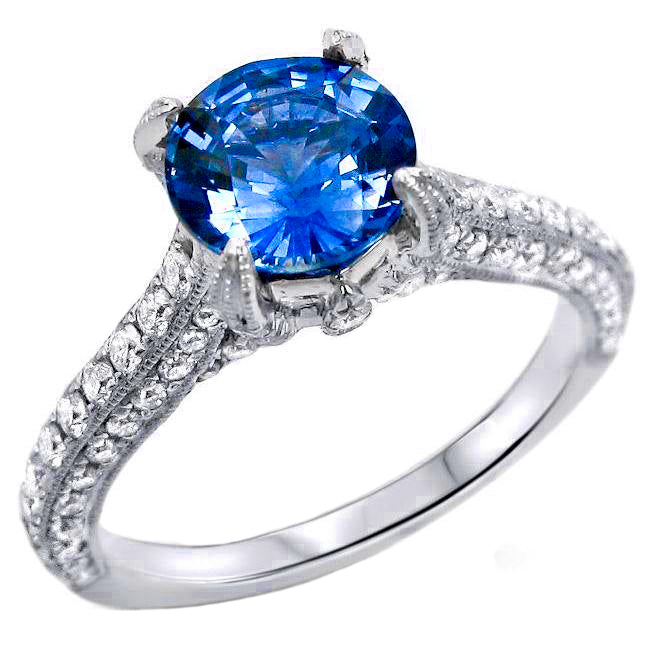 Sri Lankan Sapphire With Natural Earth Mined Diamonds Round Cut Ring 4.50 Ct
