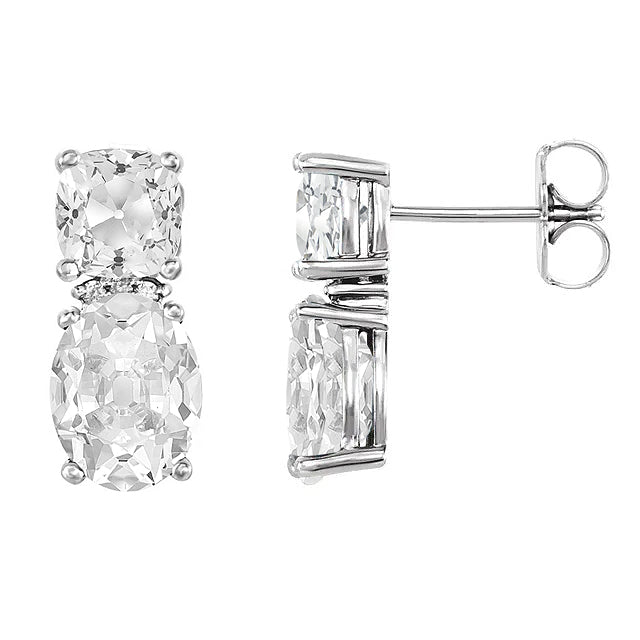 Stud Earrings 21 Ct Oval and Cushion Old Cut Diamonds
