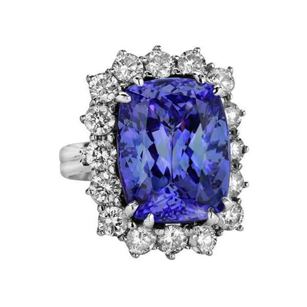  Gorgeous fancy Tanzanite Cushion And Round Diamonds  Halo Ring Gemstone