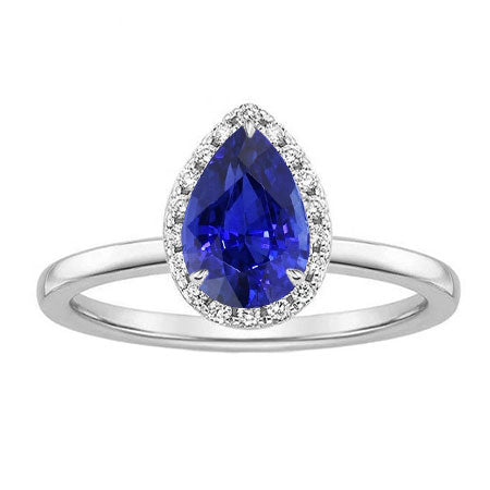 Teardrop Blue Sapphire Ring 2 Ct Pear Cut Halo Diamond