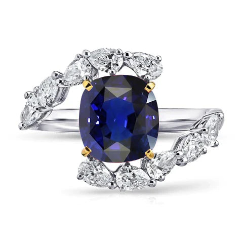 Tension Like Pear Diamond Cushion Deep Blue Sapphire Ring  Women Diamond Engagement  