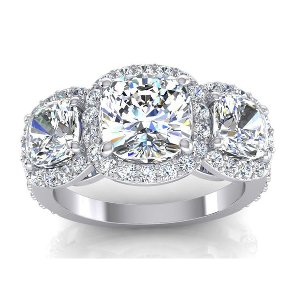 Three Stone Cushion Diamond Halo Engagement Ring