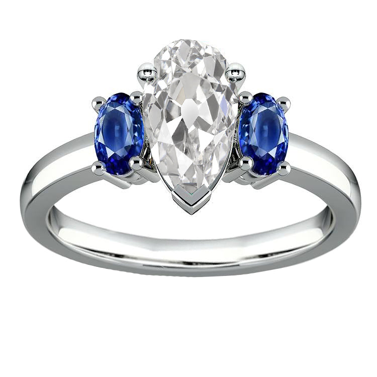 Three Stone Old Miner Pear Diamond Oval Blue Sapphires Ring 