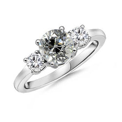 Three Stone Old Cut Round Natural Earth Mined Diamond Ring 2 Carats White Gold 14K