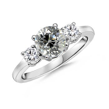 Three Stone Old Miner Round Diamond Ring White Gold