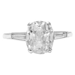 Three Stone Ring Baguette & Cushion Old Mine Cut Diamonds 6.50 Carats