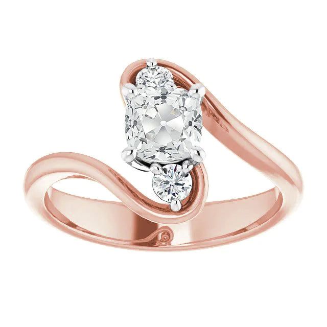 Three Stone Ring Round & Cushion Old Cut Diamonds 4 Carats