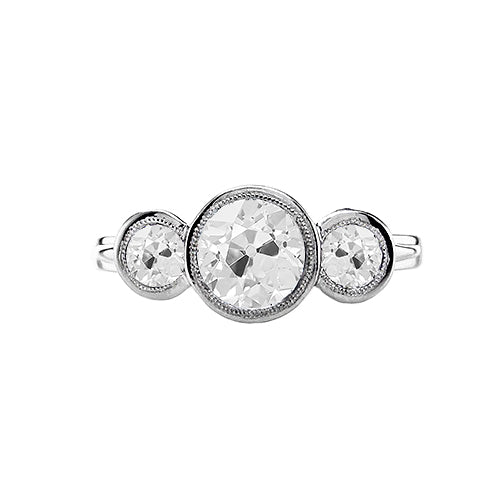 Three Stone Round Bezel Set Diamond Ring Old European 