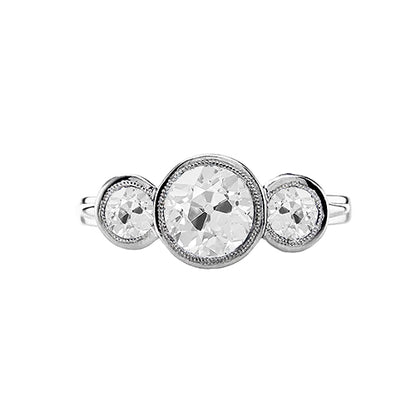 Three Stone Round Bezel Set Diamond Ring Old European 