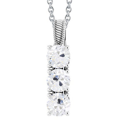 Three Stone Round Old Mine Cut Genuine Natural Earth Mined Diamond Pendant 4.50 Carats White Gold