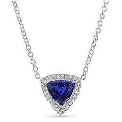 Trillion Sapphire & Round Diamond Halo Pendant Necklace 1.75 Carats