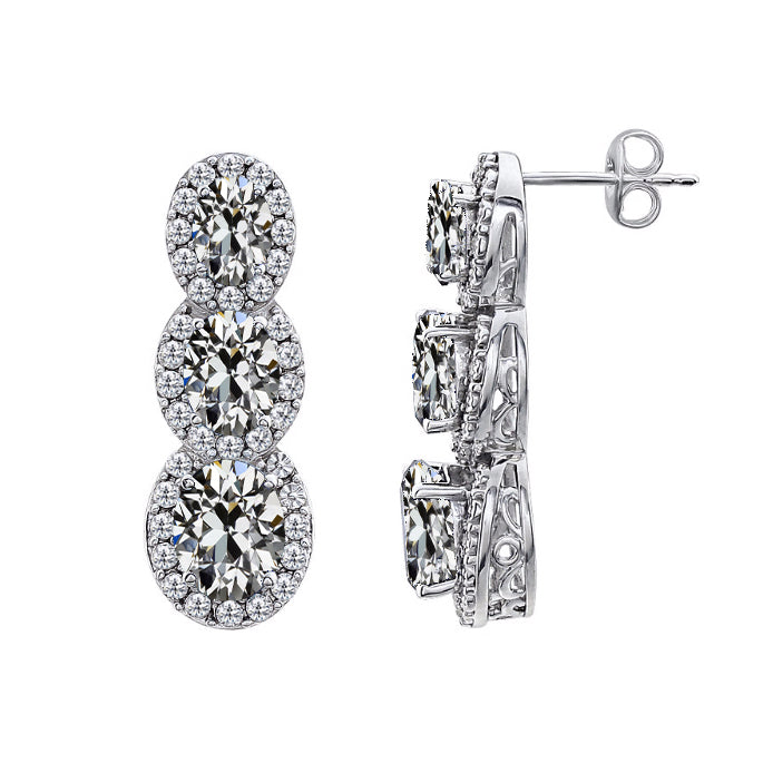 Triple Halo Diamond Oval Old Miner Dangle Earrings 6 Carats